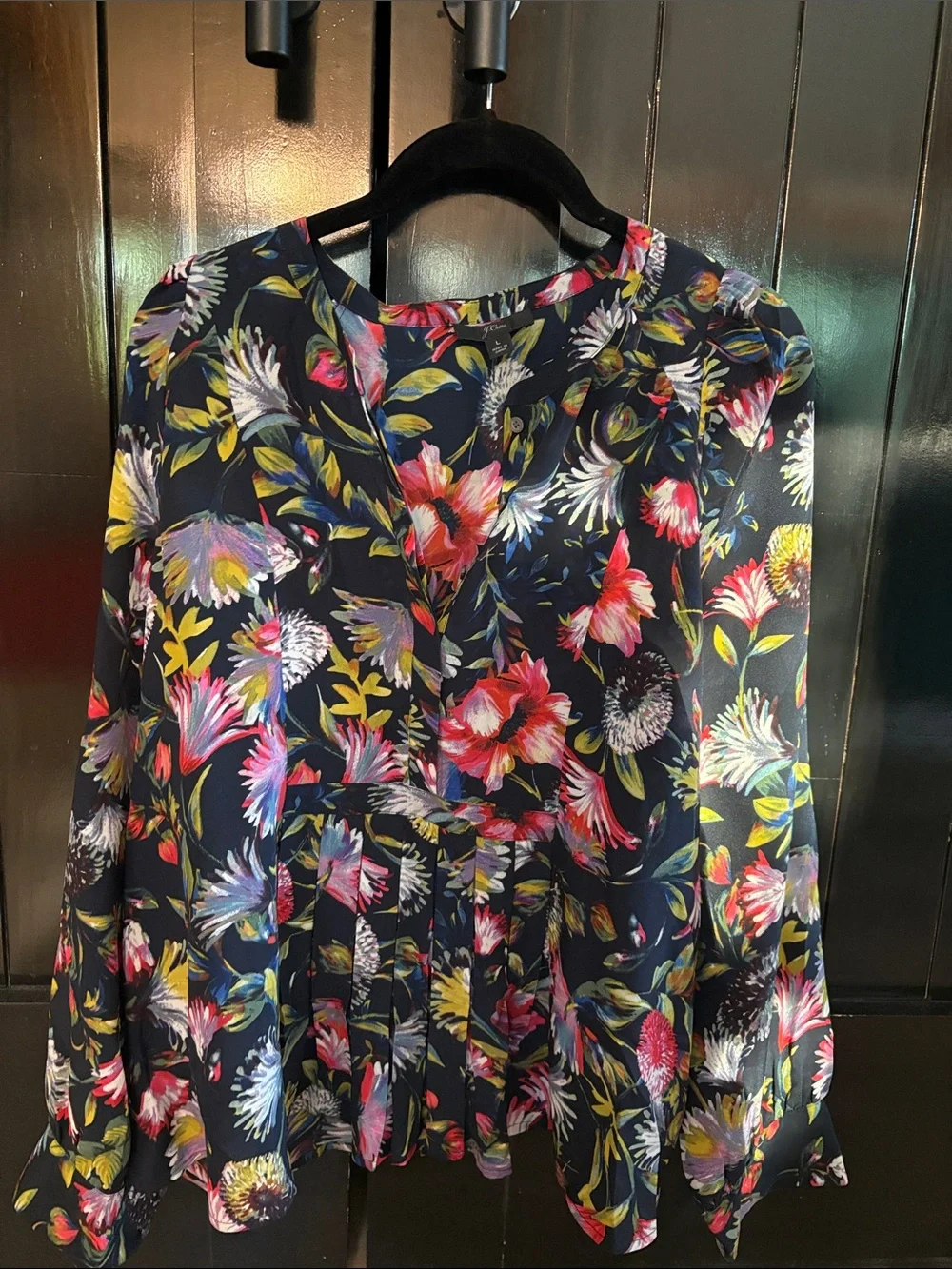 100% Silk J. Crew Black Floral V-Neck Peplum Blouse